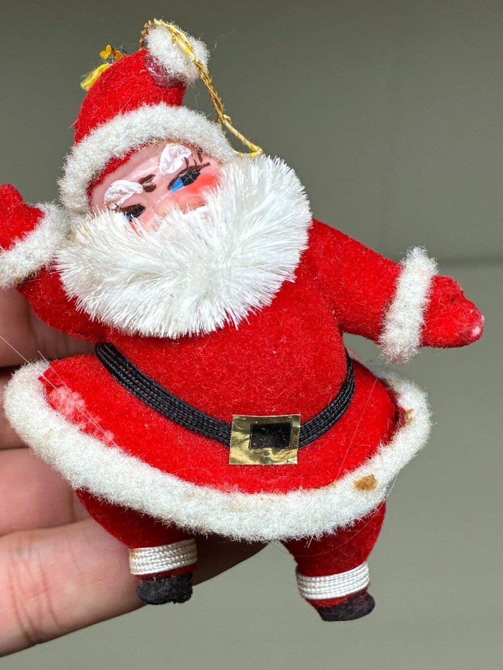 Vintage Flocked Dancing Santa Claus Christmas Ornament Mid Century 1960s Japan
